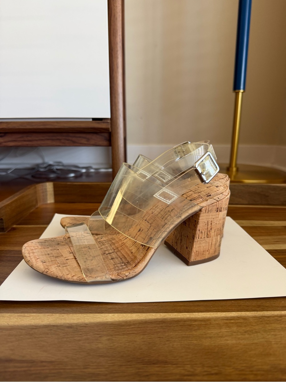 Kelly & Katie Clear Vinyl Cork Block Heel Sandals - Clear Cork